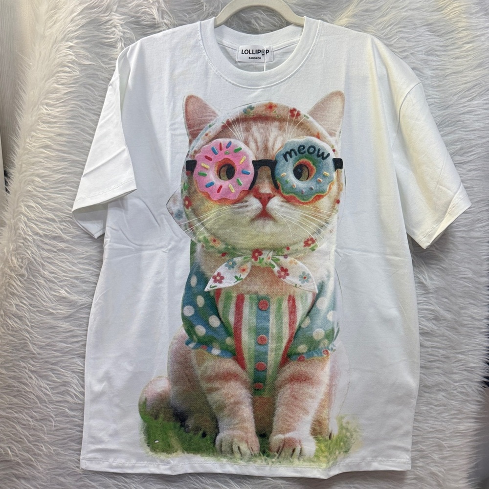 White Cat Graphic Tee with Colorful Donut Glasses